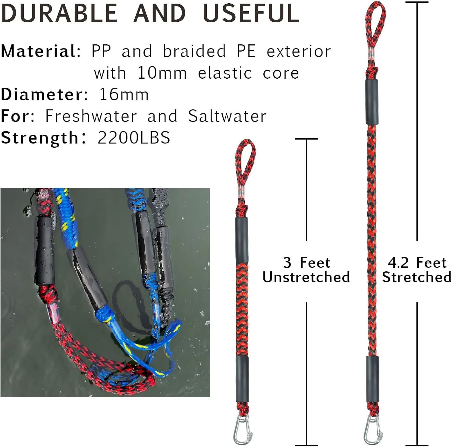 3 Feet Bungee Dock Line Boat Accessories 2pcs Fender Lines with 316 Stainless Clip for Boat Fender for Mooring for Jet Ski, Seadoo, Yamaha (Red Black, 3 Feet)