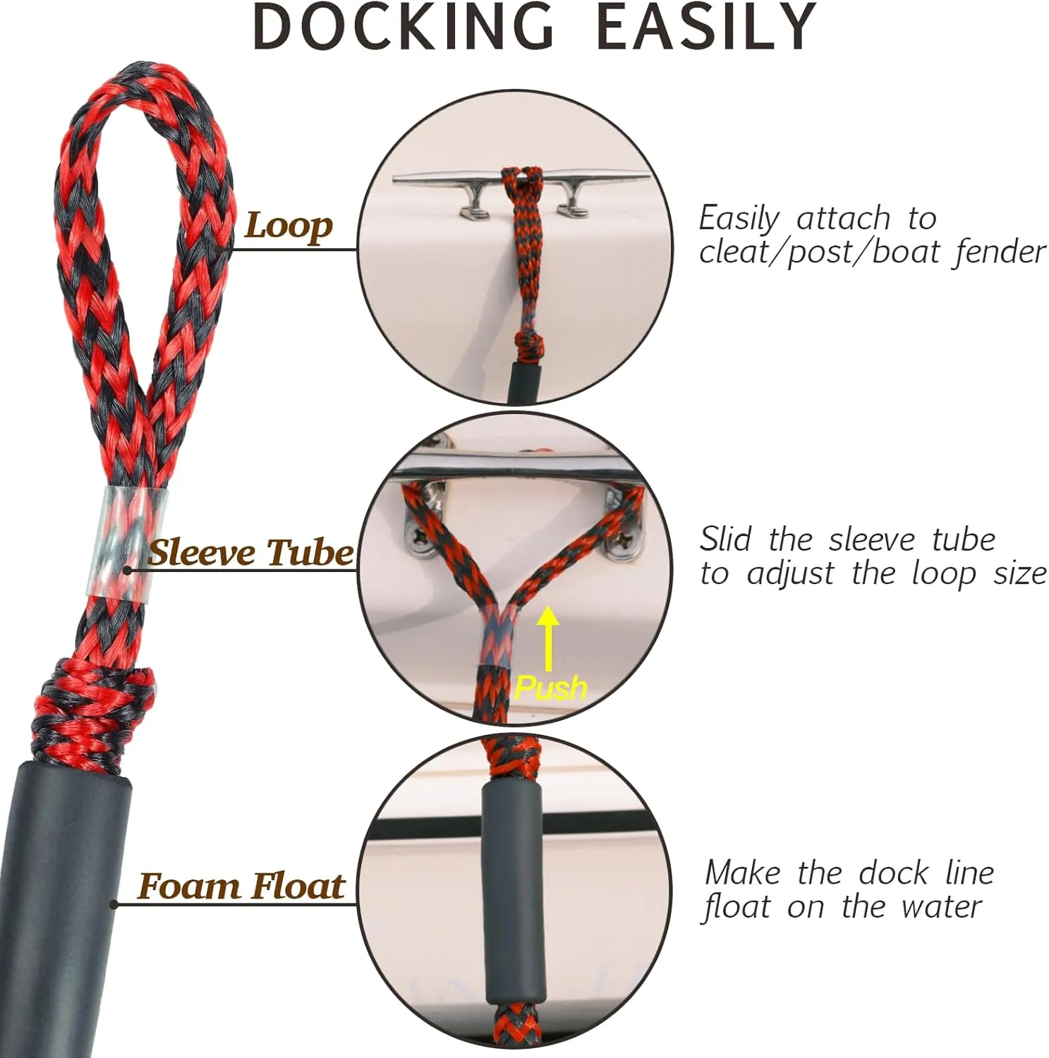 3 Feet Bungee Dock Line Boat Accessories 2pcs Fender Lines with 316 Stainless Clip for Boat Fender for Mooring for Jet Ski, Seadoo, Yamaha (Red Black, 3 Feet)