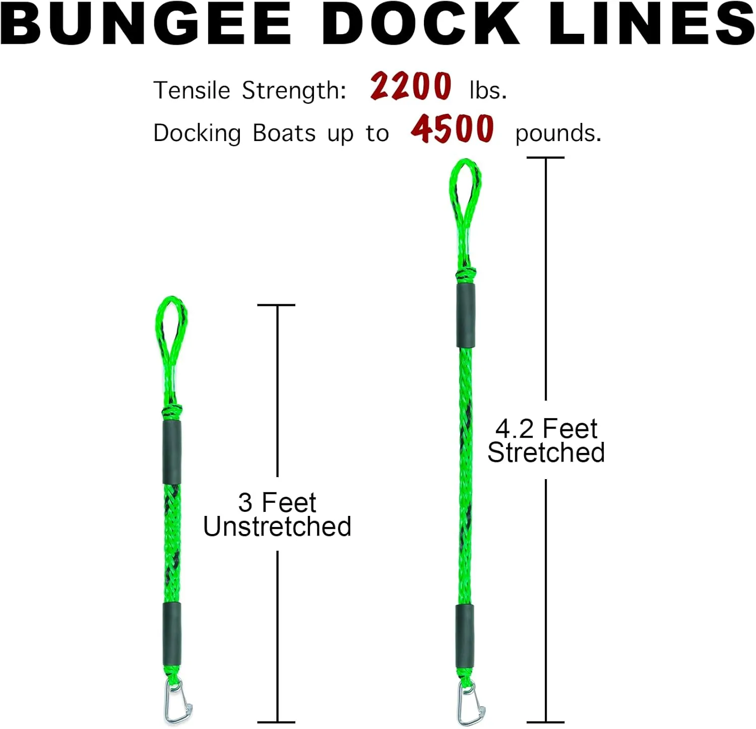 3FT Bungee Dock Line Boat Ropes for Docking Line Mooring Rope with Stainless Steel Clip Accessories for Boats (Green&Black, 3 Feet)