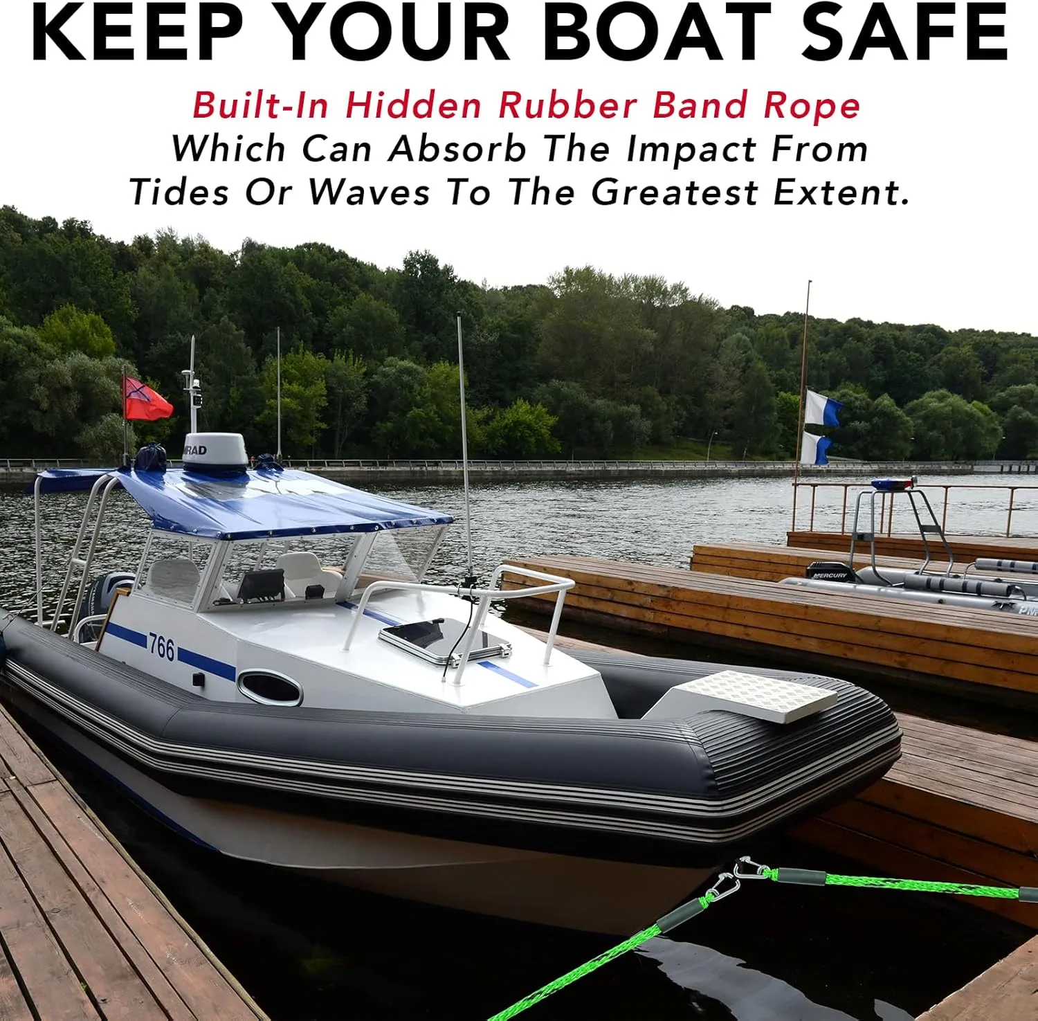 3FT Bungee Dock Line Boat Ropes for Docking Line Mooring Rope with Stainless Steel Clip Accessories for Boats (Green&Black, 3 Feet)