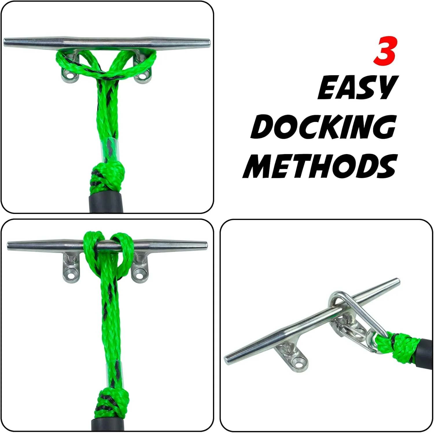 3FT Bungee Dock Line Boat Ropes for Docking Line Mooring Rope with Stainless Steel Clip Accessories for Boats (Green&Black, 3 Feet)