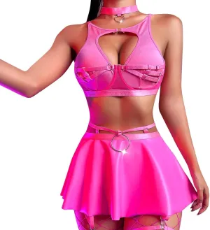 ABAFIP Women Rave Outfits Metallic Mini Skirt Cutout Crop Bra Top Choker Strappy Festival Dancewear set