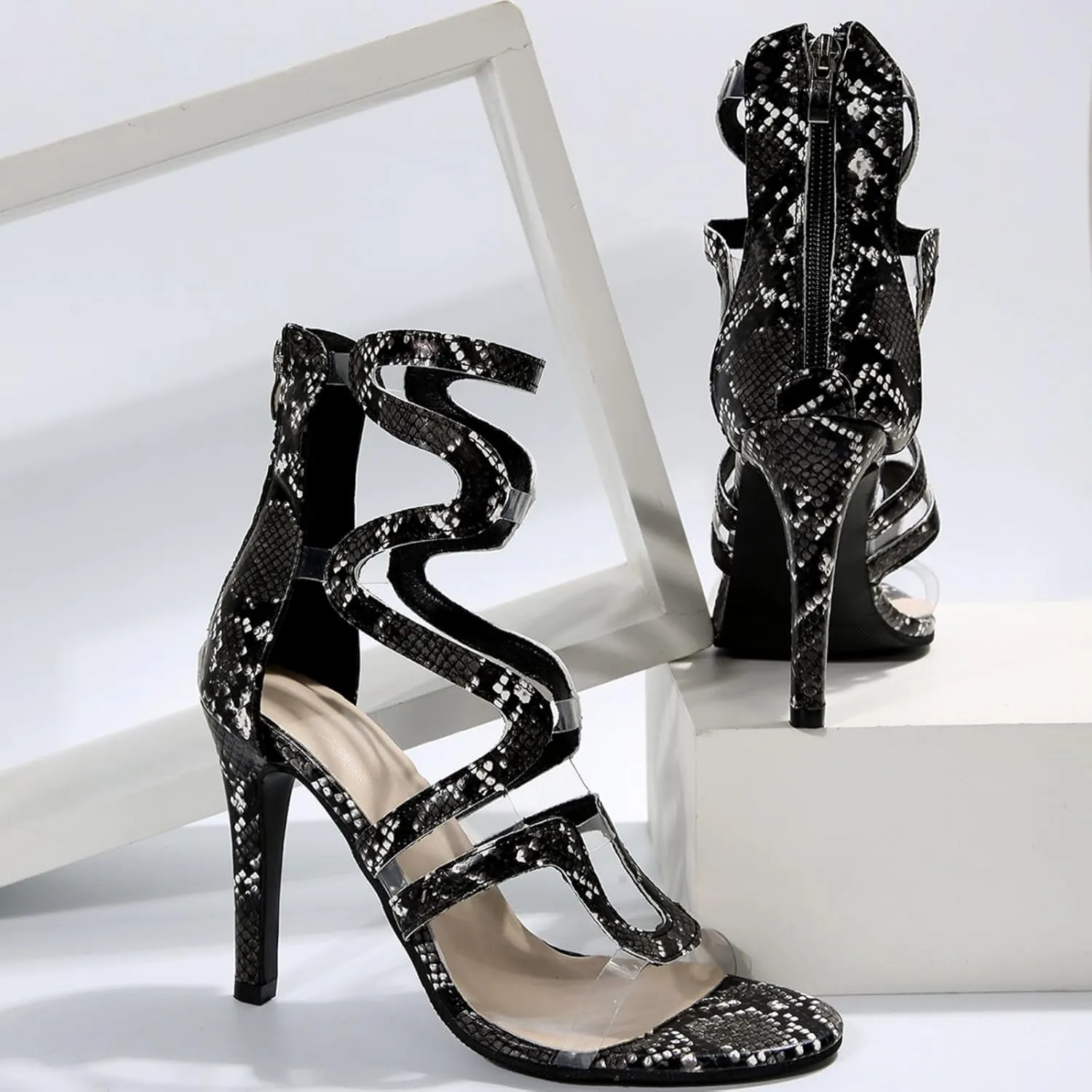 Aflngle Women's Super High Stiletto Heel Snakeskin Back Zipper Open Toe Gladiator Sandals Pointed Peep Toe Sexy Party Prom Shoes