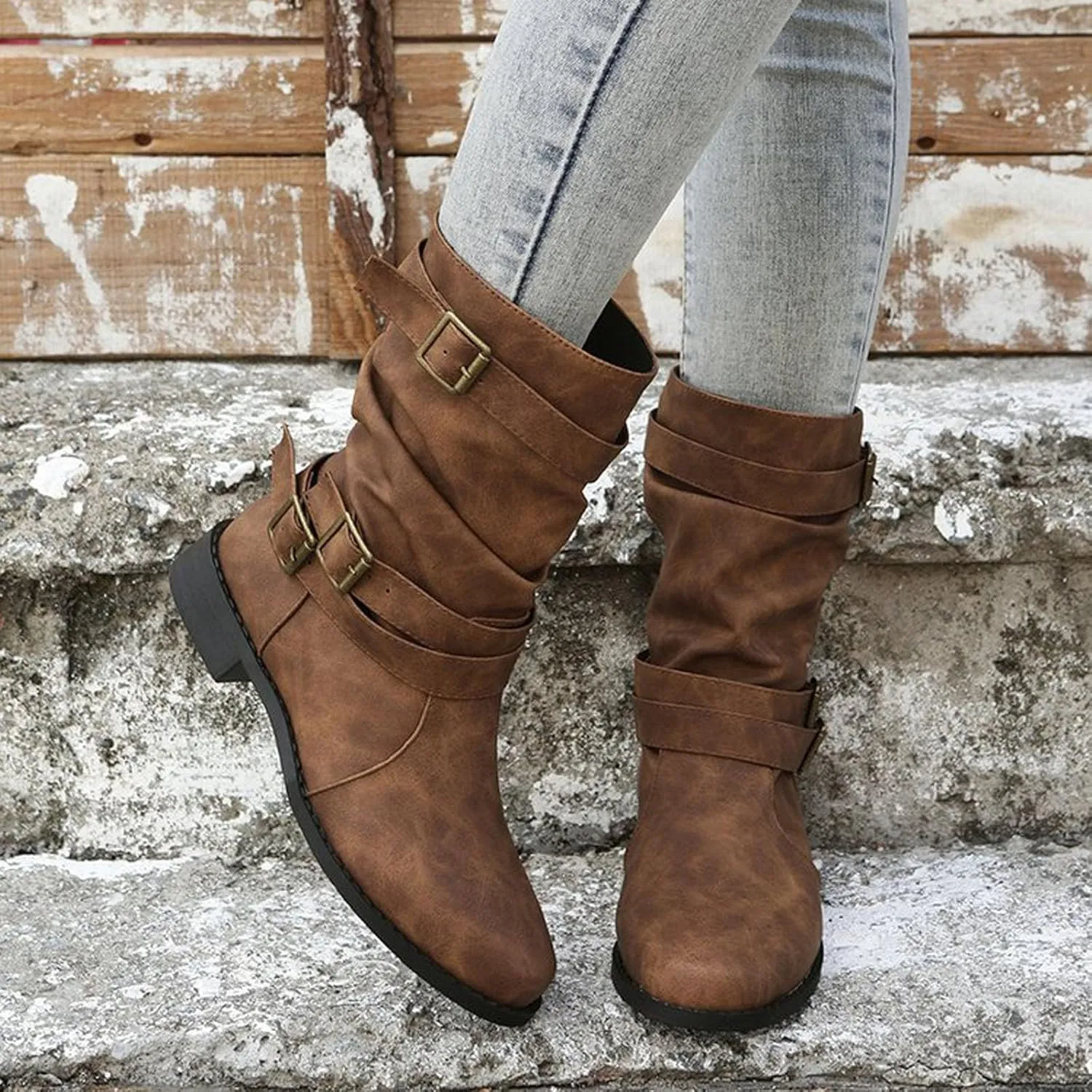 AMDBEL Boots for Women Ankle Booties, Women's Ankle Boots Low Heel Slip On Boots Winter Ladies Mid Calf Booties Shoes