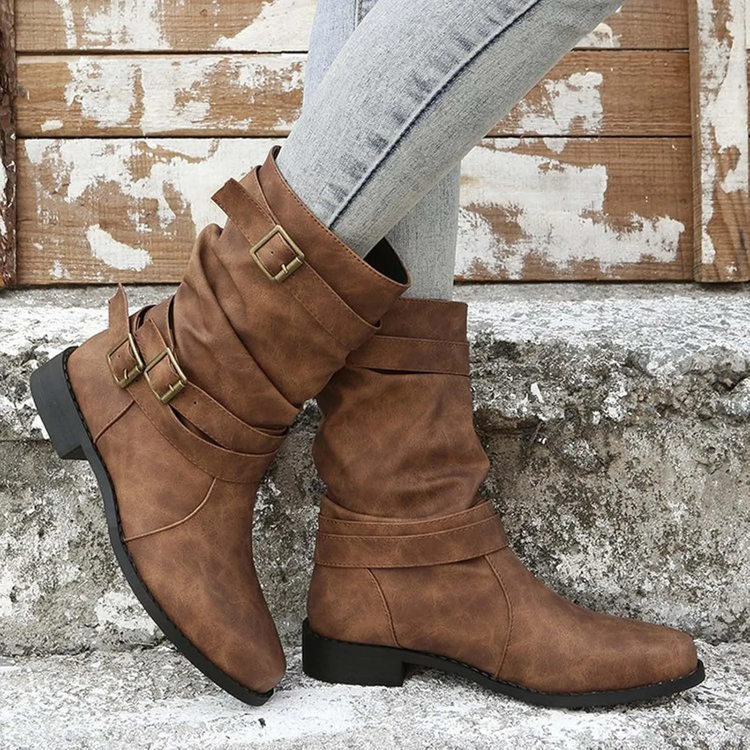 AMDBEL Boots for Women Ankle Booties, Women's Ankle Boots Low Heel Slip On Boots Winter Ladies Mid Calf Booties Shoes