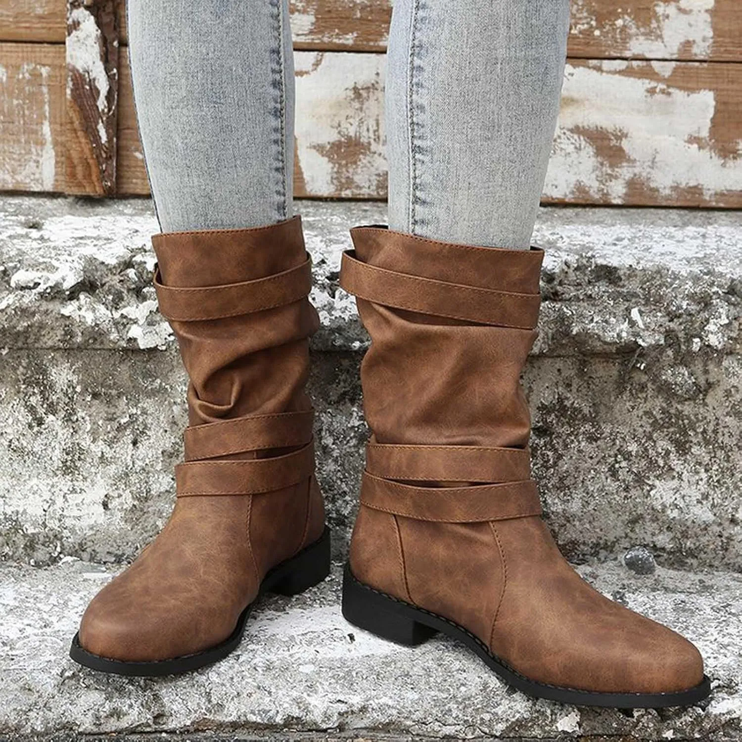 AMDBEL Boots for Women Ankle Booties, Women's Ankle Boots Low Heel Slip On Boots Winter Ladies Mid Calf Booties Shoes