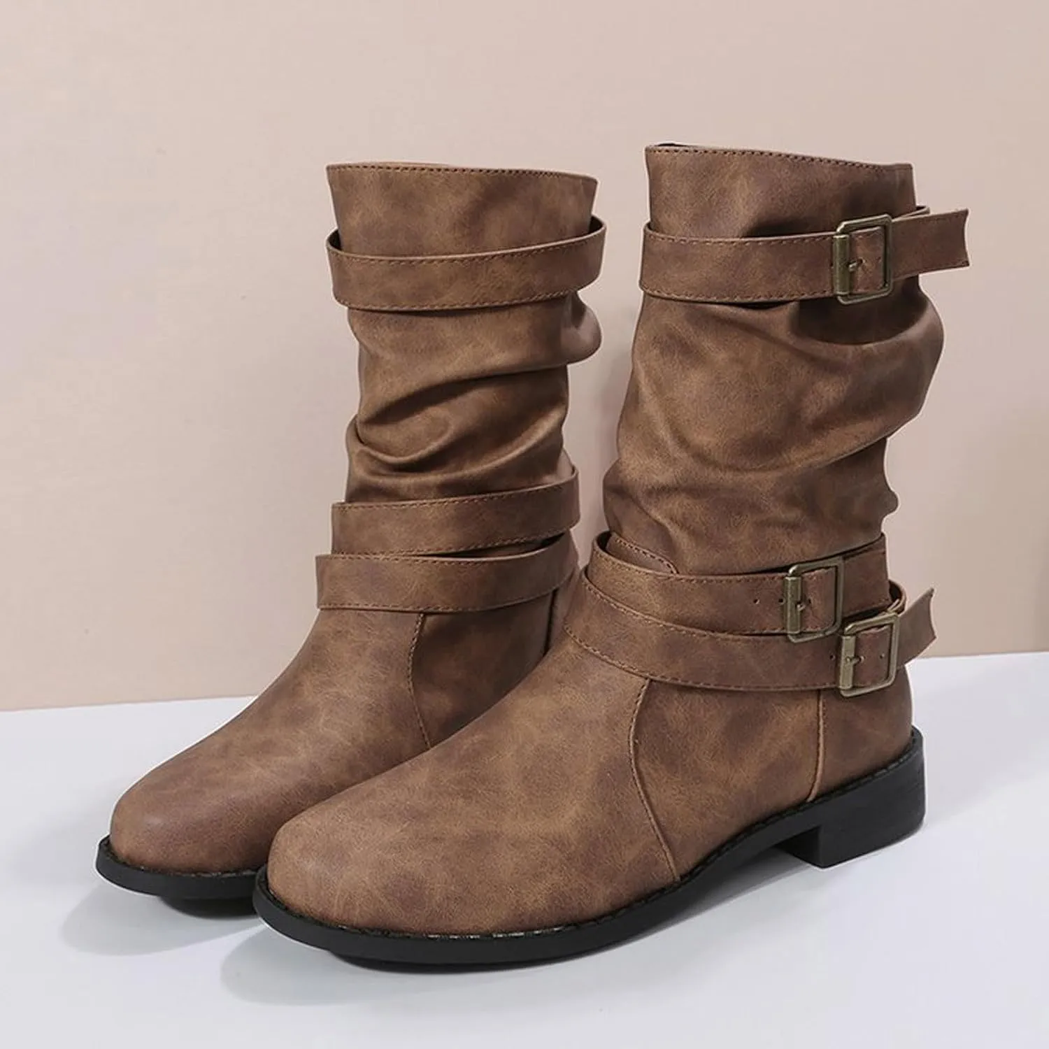 AMDBEL Boots for Women Ankle Booties, Women's Ankle Boots Low Heel Slip On Boots Winter Ladies Mid Calf Booties Shoes