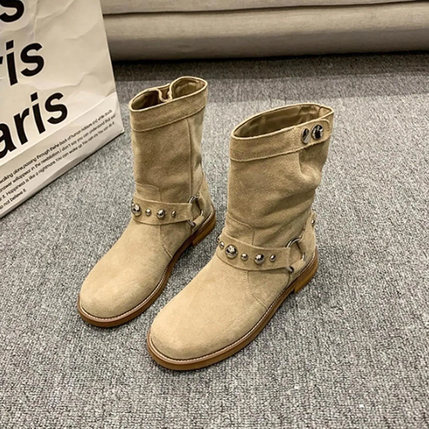 AMDBEL Wide Calf Boots for Women Low Heel Womens Fall Boots 2024 Casual Slip On Suede Ankle Boots Fashion Booties Shoes