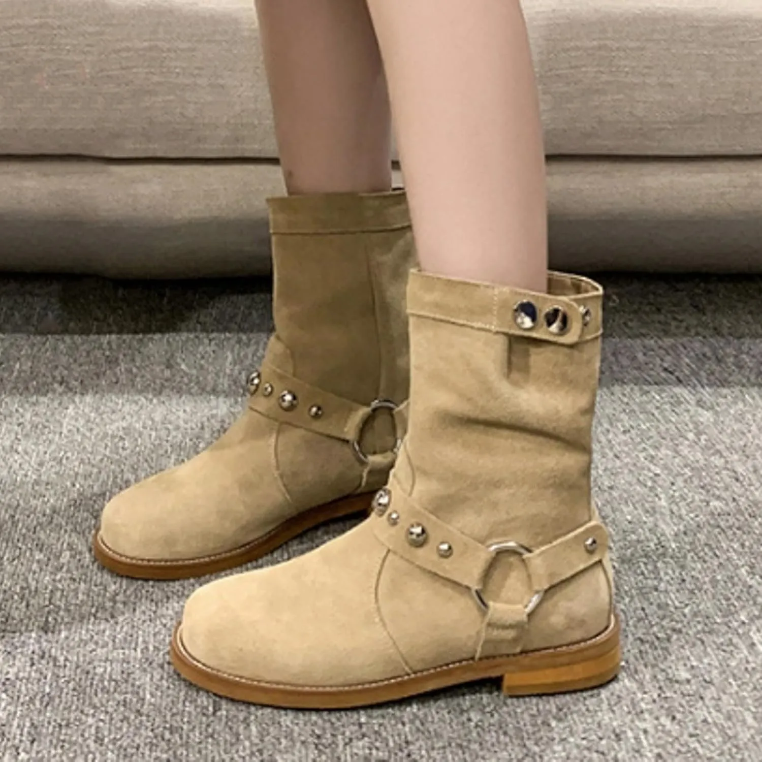 AMDBEL Wide Calf Boots for Women Low Heel Womens Fall Boots 2024 Casual Slip On Suede Ankle Boots Fashion Booties Shoes