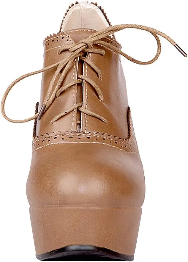 ANUFER Women Vintage High Platform Block Heel Court Shoes Elegant Brogue Oxfords Lace-Ups
