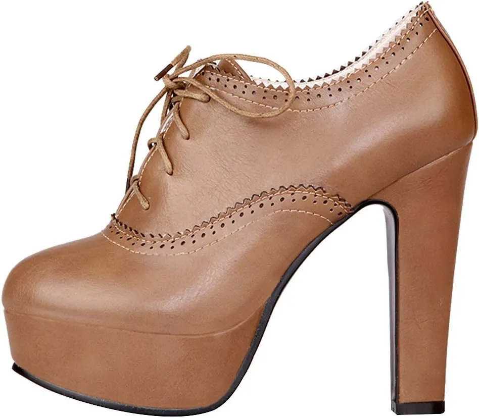 ANUFER Women Vintage High Platform Block Heel Court Shoes Elegant Brogue Oxfords Lace-Ups