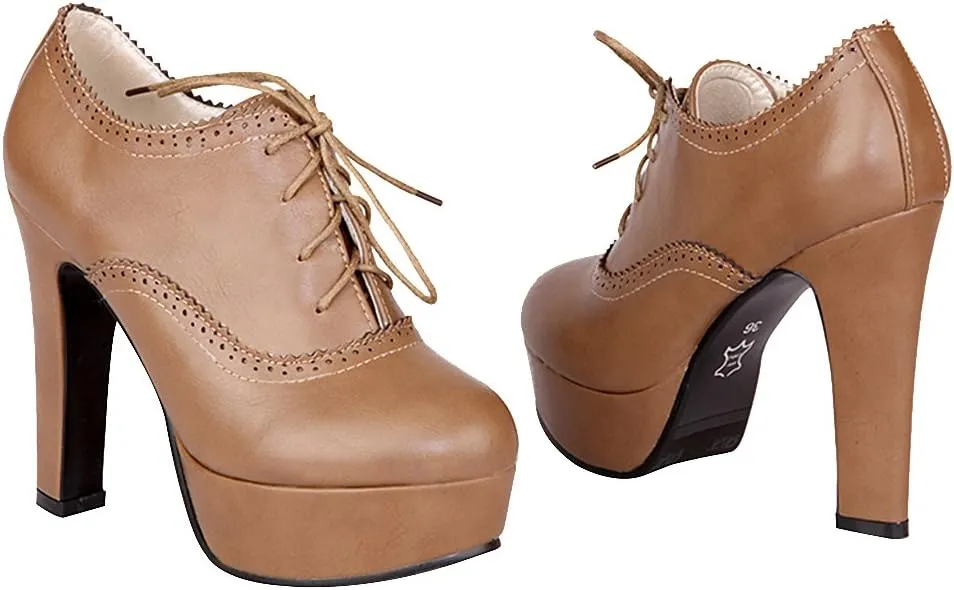 ANUFER Women Vintage High Platform Block Heel Court Shoes Elegant Brogue Oxfords Lace-Ups