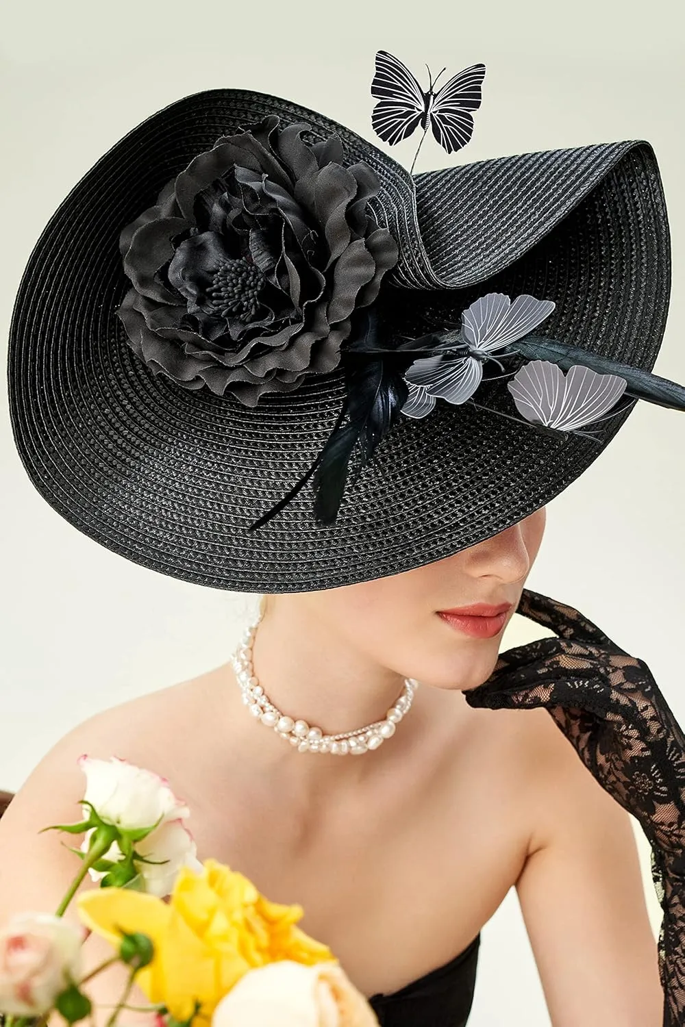 BABEYOND Tea Party Fascinator Hat for Women Kentucky Headwear Derby Wide Brim Butterfly Church Hat for Cocktail Wedding