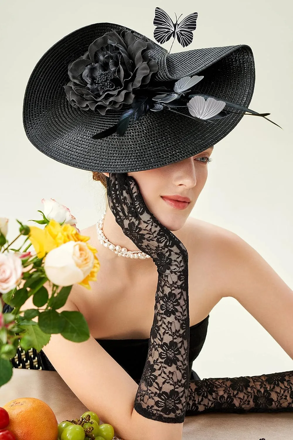 BABEYOND Tea Party Fascinator Hat for Women Kentucky Headwear Derby Wide Brim Butterfly Church Hat for Cocktail Wedding