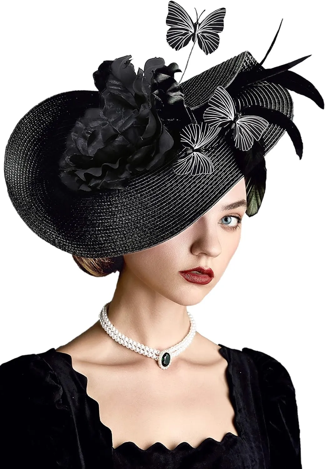 BABEYOND Tea Party Fascinator Hat for Women Kentucky Headwear Derby Wide Brim Butterfly Church Hat for Cocktail Wedding