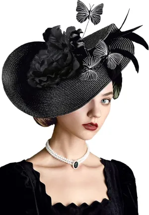 BABEYOND Tea Party Fascinator Hat for Women Kentucky Headwear Derby Wide Brim Butterfly Church Hat for Cocktail Wedding