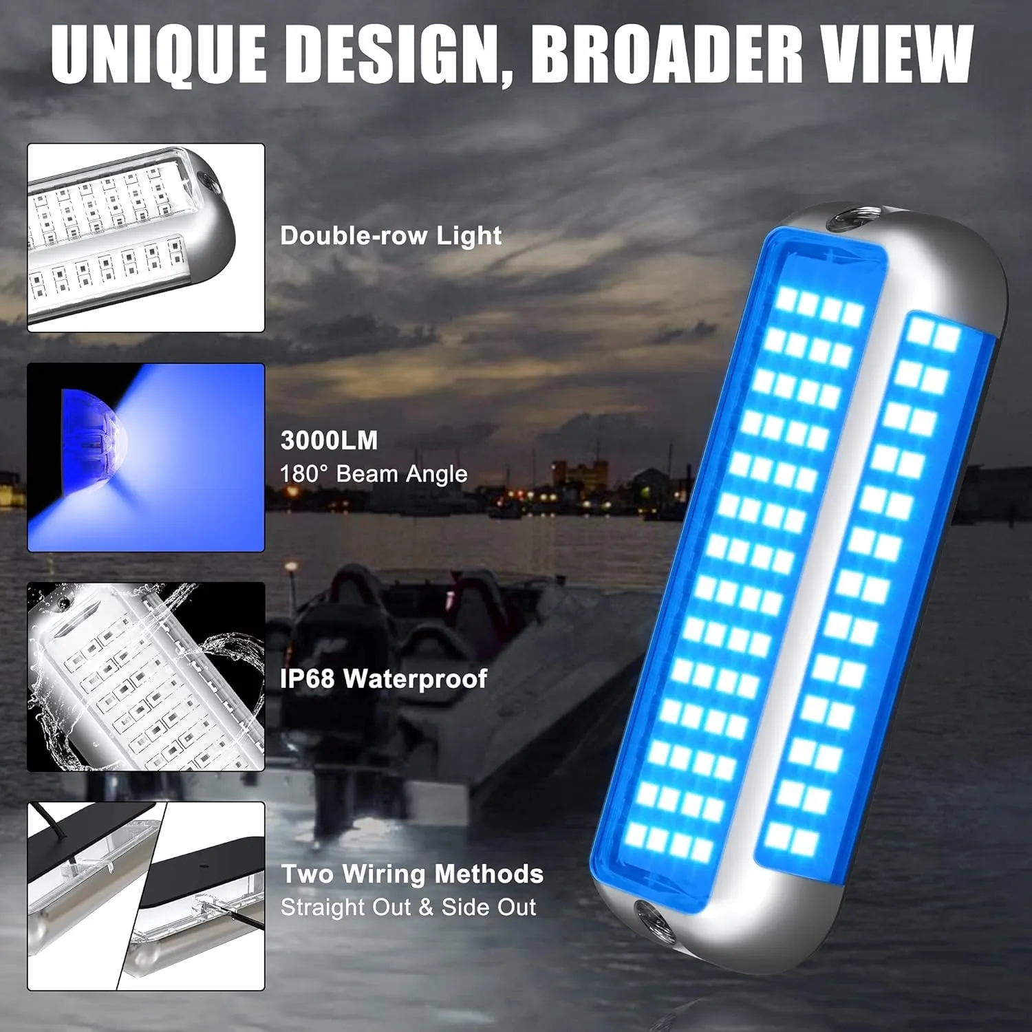 BASIKER BS4 Marine LED Underwater Boat Lights (2 x 3000LM 84LED 180° Blue) 10V-36V 316 Stainless Upgrade IP68 Waterproof, Surface Mount for Cruise Ship Yacht Boat Sailboat Pontoon Transom Deck Light
