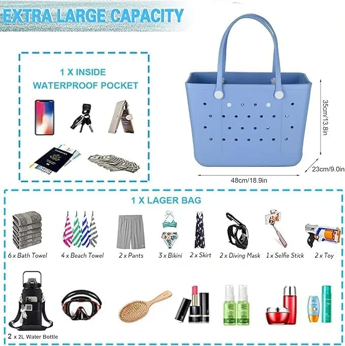 Beach Bag, Extra Large Rubber Tote Bag, Washable Tote for Boat Pool Sports Gym (gray, Large)