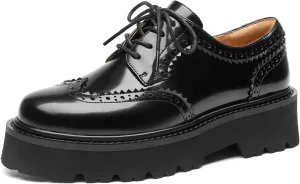 BEAU TODAY Platform Oxfords for Women, Oxford Shoes for Women, Chunky Lace Up Leather Oxford Shoes, Classic Vintage Wingtip Brogue Oxfords, Casual Dress Business Office Work Shoes Black US 6.5