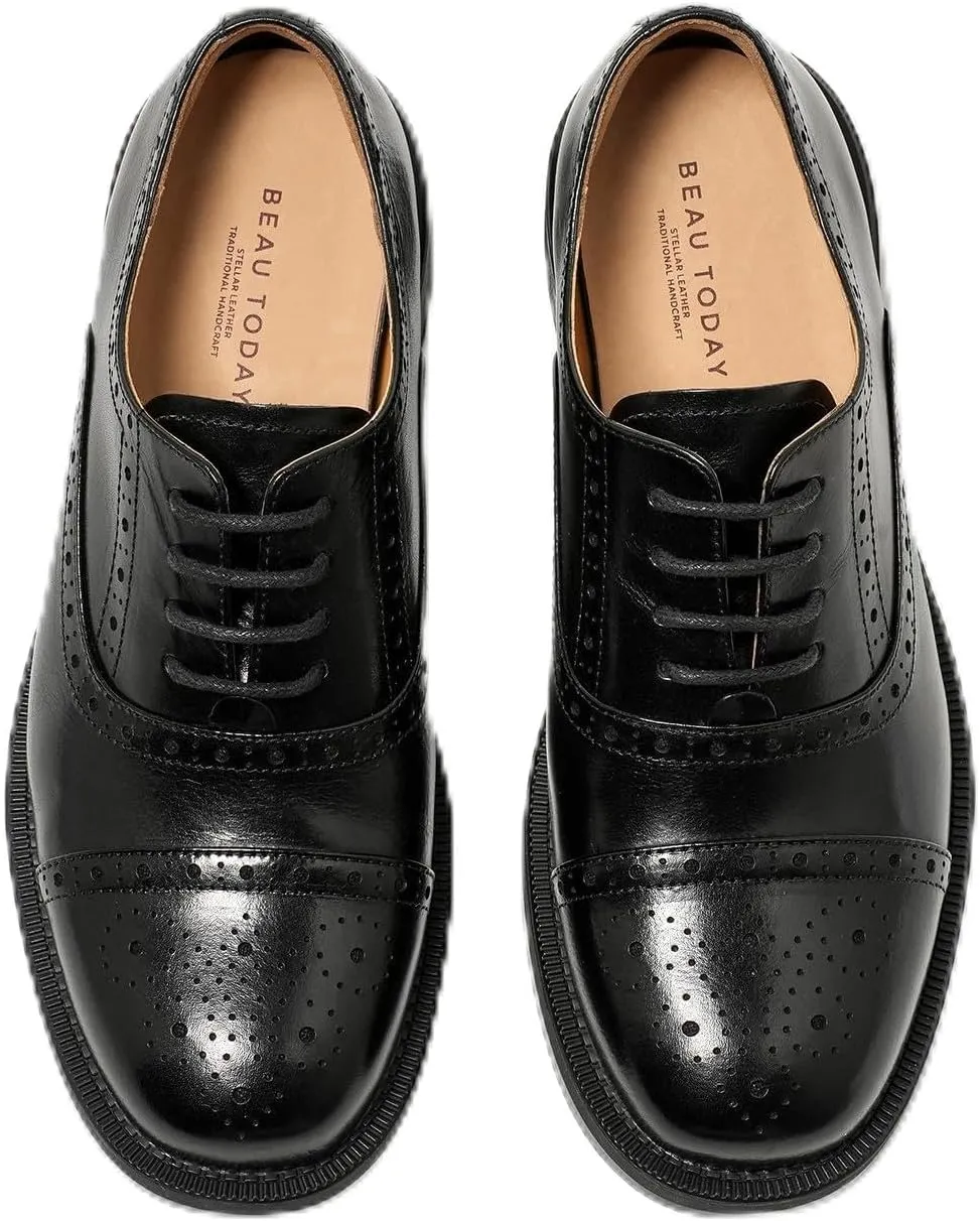 BEAU TODAY Women's Oxfords Dress Shoes, Leather Lace-Up Oxfords for Women, Comfortable Formal Cap Toe Business Casual Non Slip Office Driving Oxfords Shoes