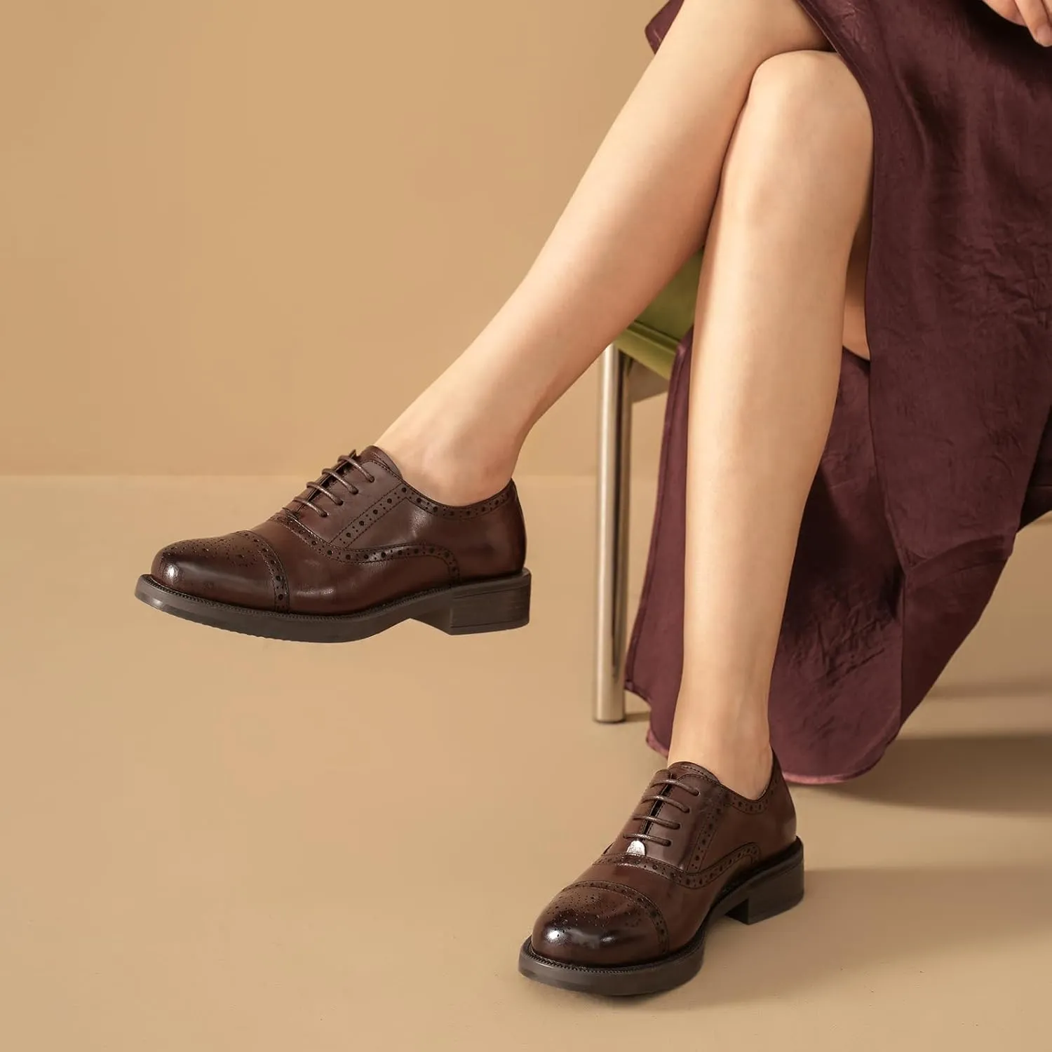 BEAU TODAY Women's Oxfords Dress Shoes, Leather Lace-Up Oxfords for Women, Comfortable Formal Cap Toe Business Casual Non Slip Office Driving Oxfords Shoes