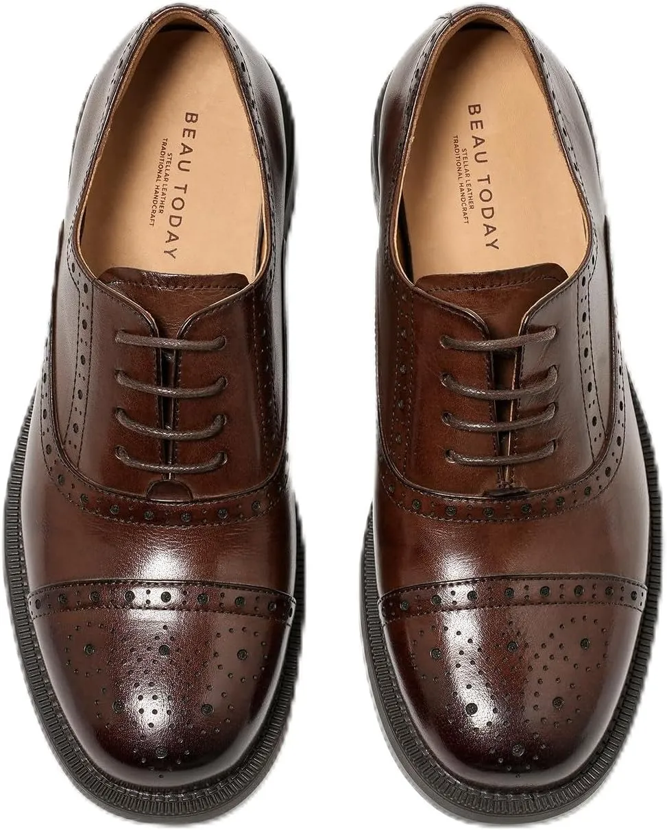 BEAU TODAY Women's Oxfords Dress Shoes, Leather Lace-Up Oxfords for Women, Comfortable Formal Cap Toe Business Casual Non Slip Office Driving Oxfords Shoes