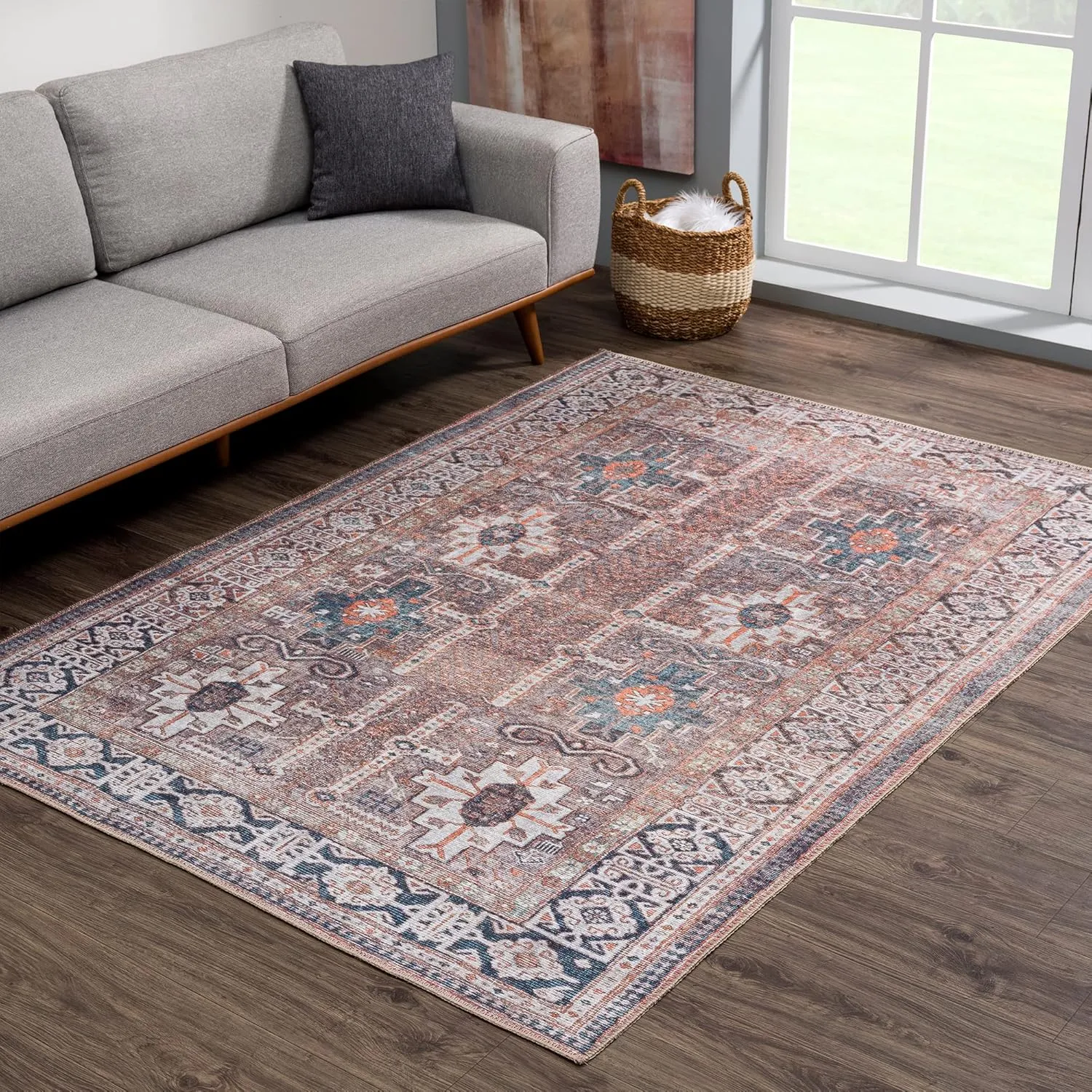 Bloom Rugs Washable Non-Slip 2' x 3' Rug - Brown/Blue/Orange Traditional Oriental Area Rug for Living Room, Bedroom, Dining Room, and Kitchen - Exact Size: 2' x 3'