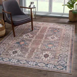 Bloom Rugs Washable Non-Slip 2' x 3' Rug - Brown/Blue/Orange Traditional Oriental Area Rug for Living Room, Bedroom, Dining Room, and Kitchen - Exact Size: 2' x 3'