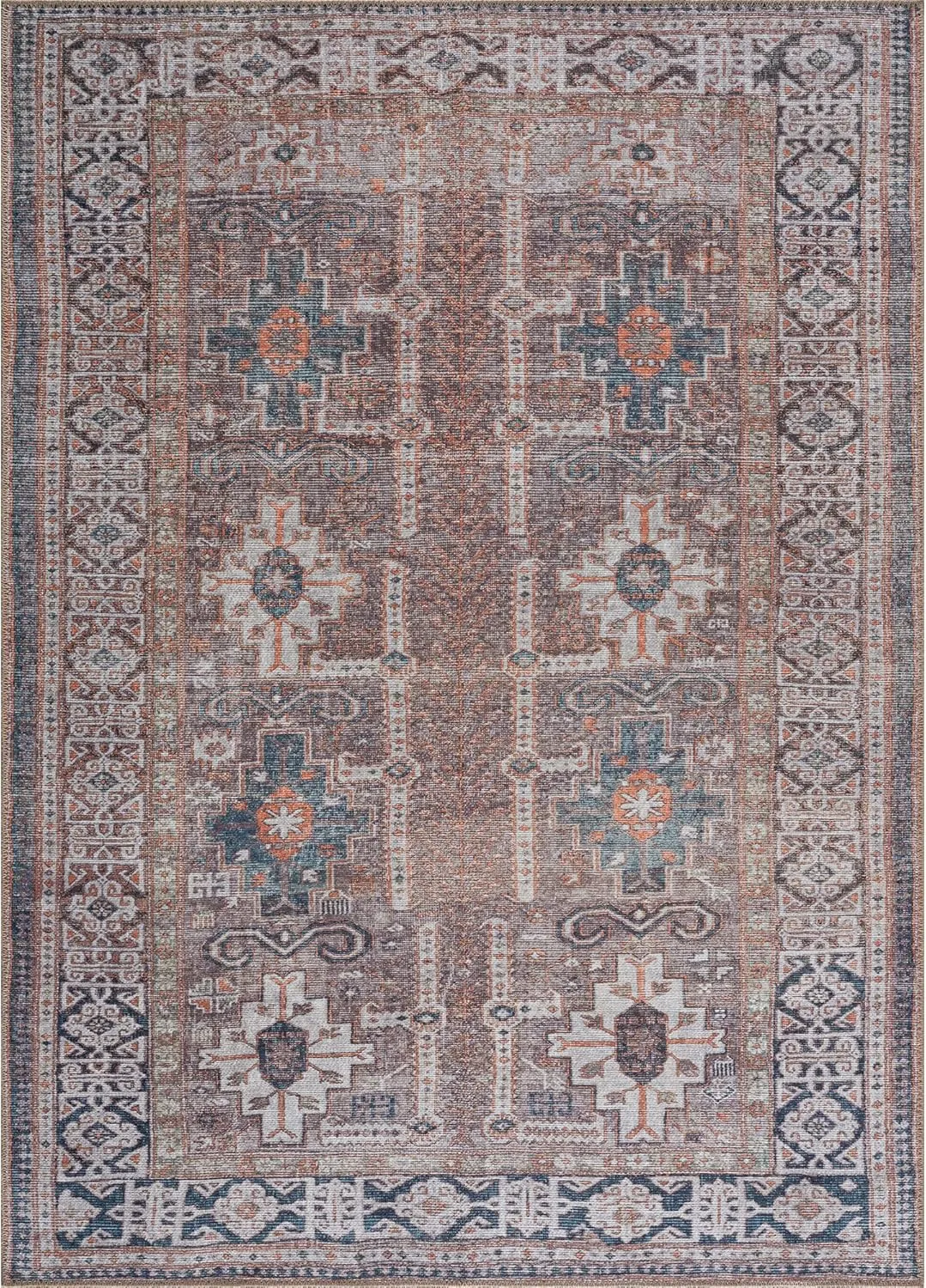 Bloom Rugs Washable Non-Slip 2' x 3' Rug - Brown/Blue/Orange Traditional Oriental Area Rug for Living Room, Bedroom, Dining Room, and Kitchen - Exact Size: 2' x 3'