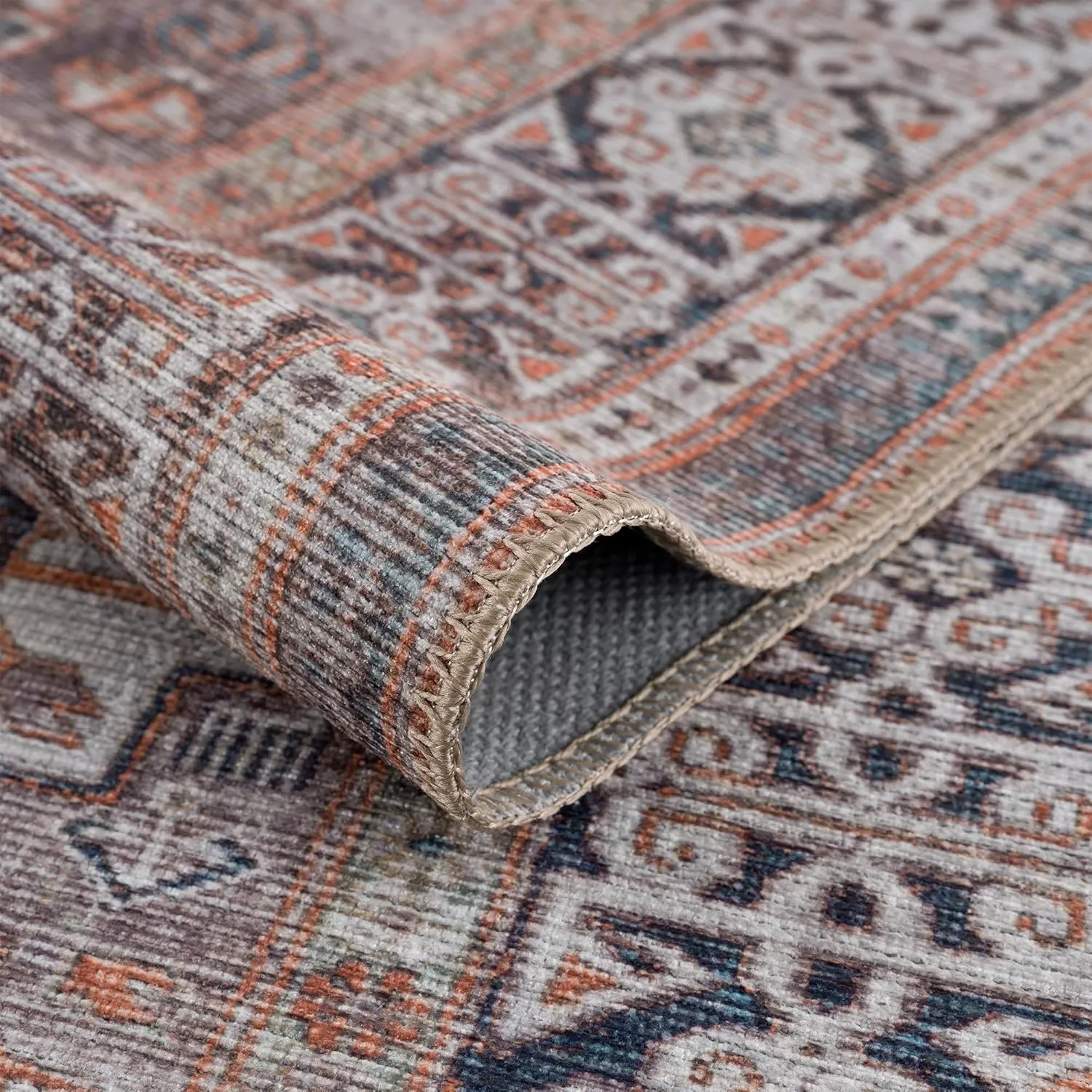 Bloom Rugs Washable Non-Slip 2' x 3' Rug - Brown/Blue/Orange Traditional Oriental Area Rug for Living Room, Bedroom, Dining Room, and Kitchen - Exact Size: 2' x 3'