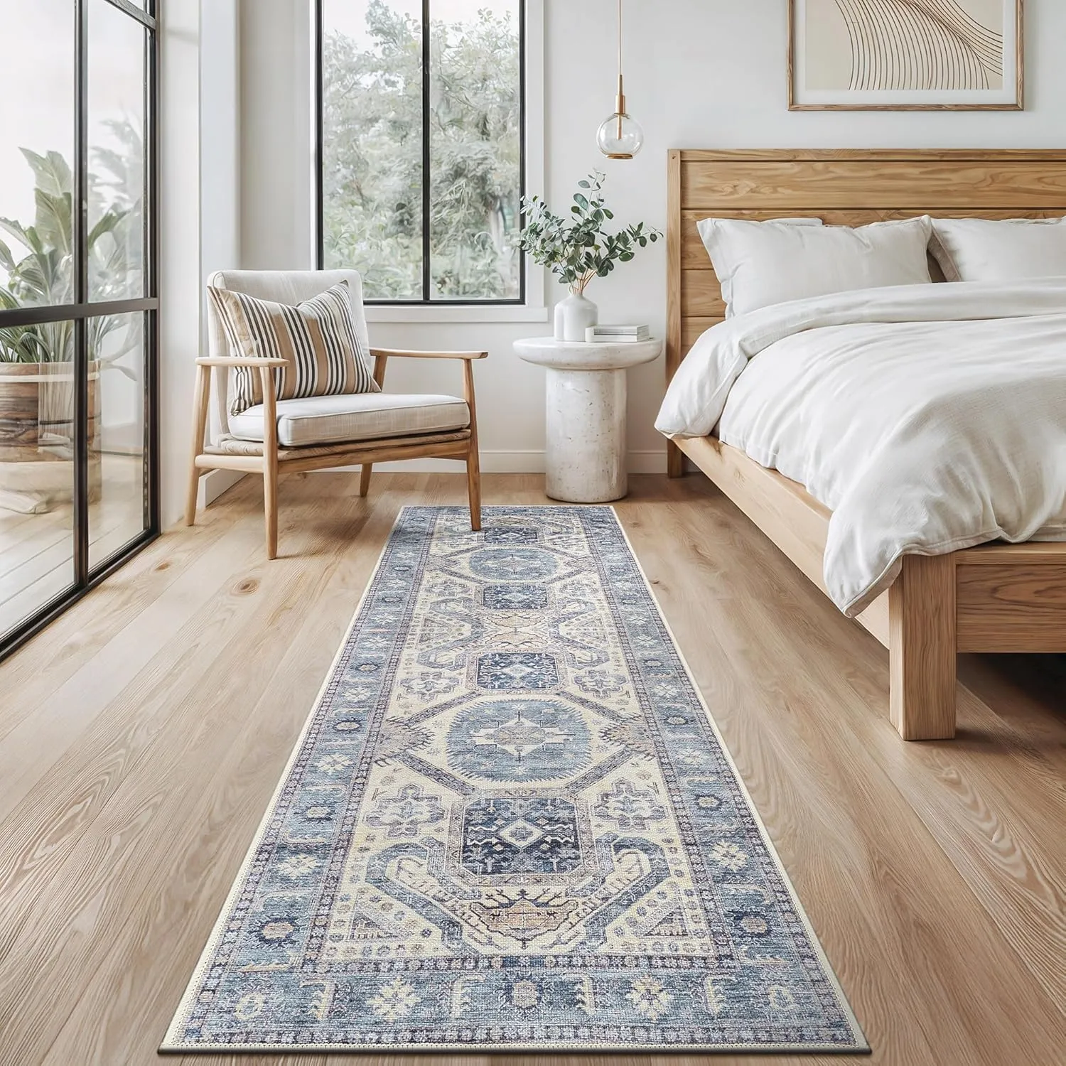 Bloom Rugs Washable Non-Slip 7 ft Runner - Blue/Beige Traditional Oriental Runner for Entryway, Hallway, Bathroom, and Kitchen - Exact Size: 2.5' x 7'