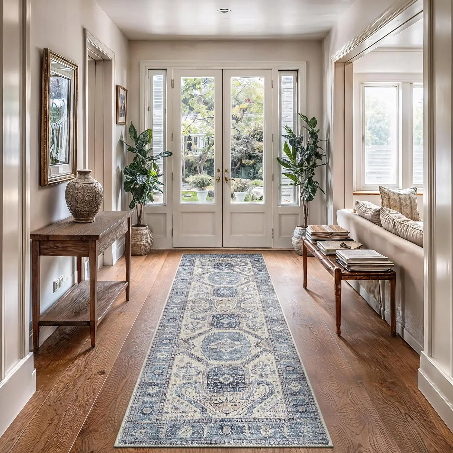 Bloom Rugs Washable Non-Slip 7 ft Runner - Blue/Beige Traditional Oriental Runner for Entryway, Hallway, Bathroom, and Kitchen - Exact Size: 2.5' x 7'
