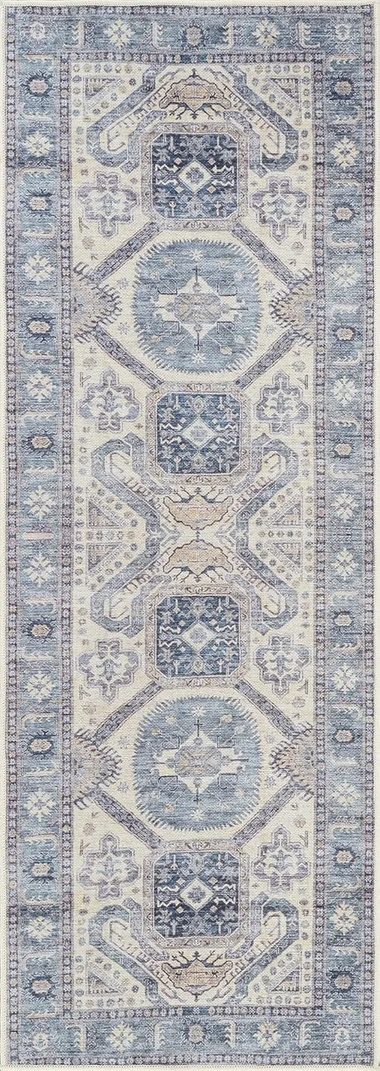 Bloom Rugs Washable Non-Slip 7 ft Runner - Blue/Beige Traditional Oriental Runner for Entryway, Hallway, Bathroom, and Kitchen - Exact Size: 2.5' x 7'