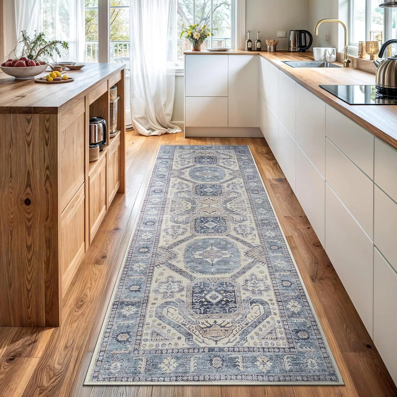 Bloom Rugs Washable Non-Slip 7 ft Runner - Blue/Beige Traditional Oriental Runner for Entryway, Hallway, Bathroom, and Kitchen - Exact Size: 2.5' x 7'