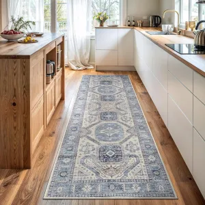 Bloom Rugs Washable Non-Slip 7 ft Runner - Blue/Beige Traditional Oriental Runner for Entryway, Hallway, Bathroom, and Kitchen - Exact Size: 2.5' x 7'