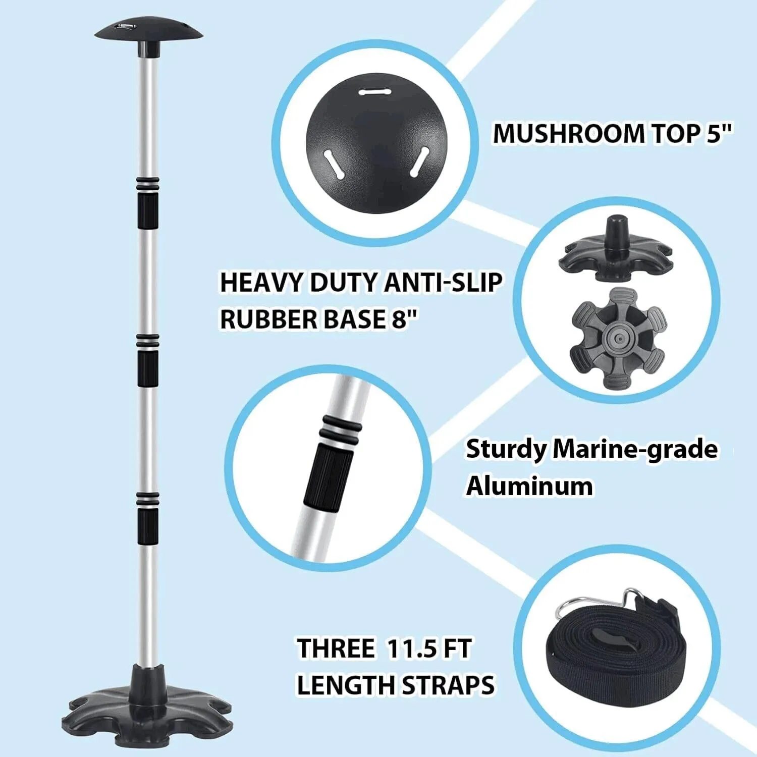 Boat Cover Support Poles Stand 2 Pack with Anti-Slip Rubber Base and Strap, Aluminum Boat Cover Support System Adjustable Height at Will from 22.6” to 58” - Black