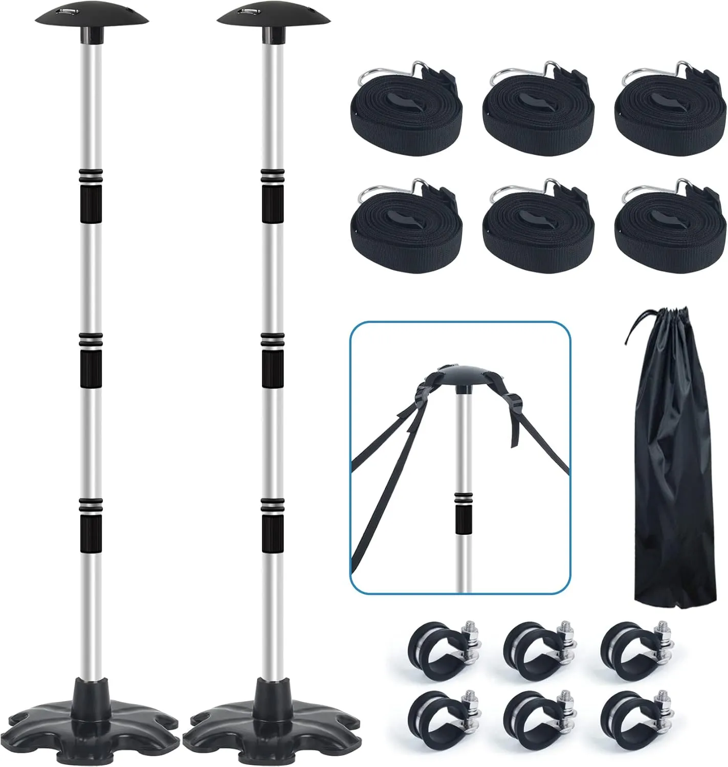 Boat Cover Support Poles Stand 2 Pack with Anti-Slip Rubber Base and Strap, Aluminum Boat Cover Support System Adjustable Height at Will from 22.6” to 58” - Black