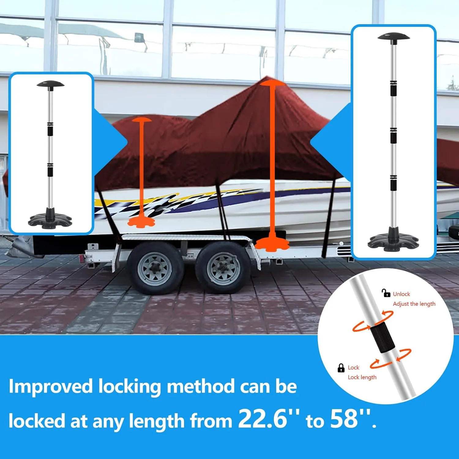 Boat Cover Support Poles Stand 2 Pack with Anti-Slip Rubber Base and Strap, Aluminum Boat Cover Support System Adjustable Height at Will from 22.6” to 58” - Black