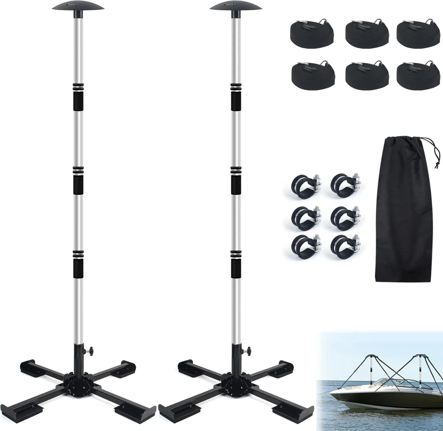 Boat Cover Support Poles System, Adjustable Aluminum Boat Cover Poles 16"-59", Support System 4-Stage Extension with Heavy Duty Metal Base (Black 2 Set)