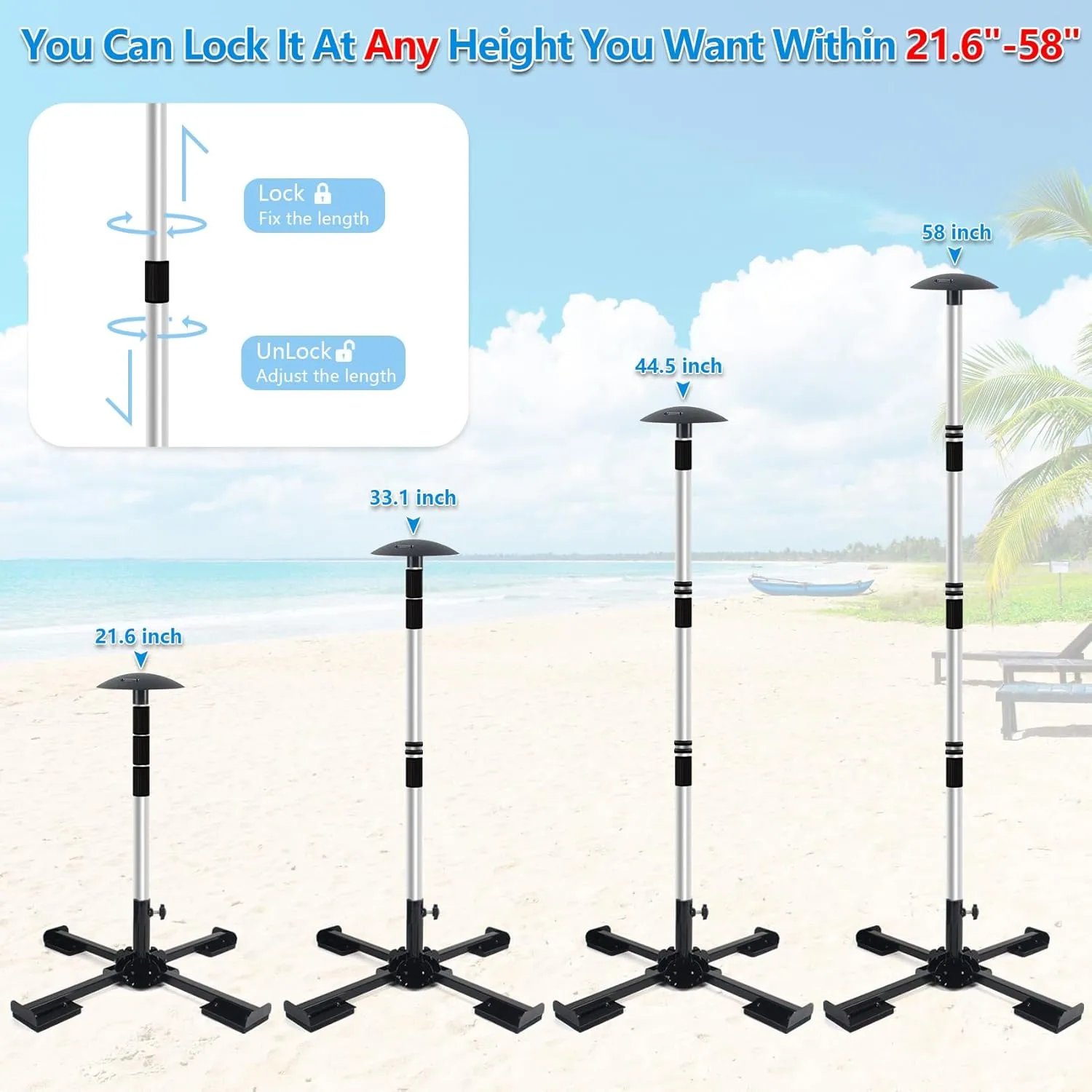 Boat Cover Support Poles System, Adjustable Aluminum Boat Cover Poles 16"-59", Support System 4-Stage Extension with Heavy Duty Metal Base (Black 2 Set)