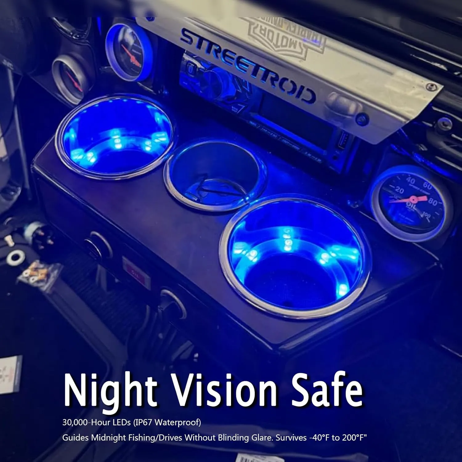 Boat Cup Holders LED 4 PCS, Marine Cup Holders for Boats, Stainless Steel Cup Holder Insert, 4" OD x 3-1/8" D, Spill-Proof & Night Mood Lighting for Boats, RVs, Trucks(Elegant Blue)