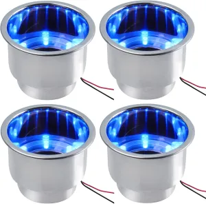 Boat Cup Holders LED 4 PCS, Marine Cup Holders for Boats, Stainless Steel Cup Holder Insert, 4" OD x 3-1/8" D, Spill-Proof & Night Mood Lighting for Boats, RVs, Trucks(Elegant Blue)