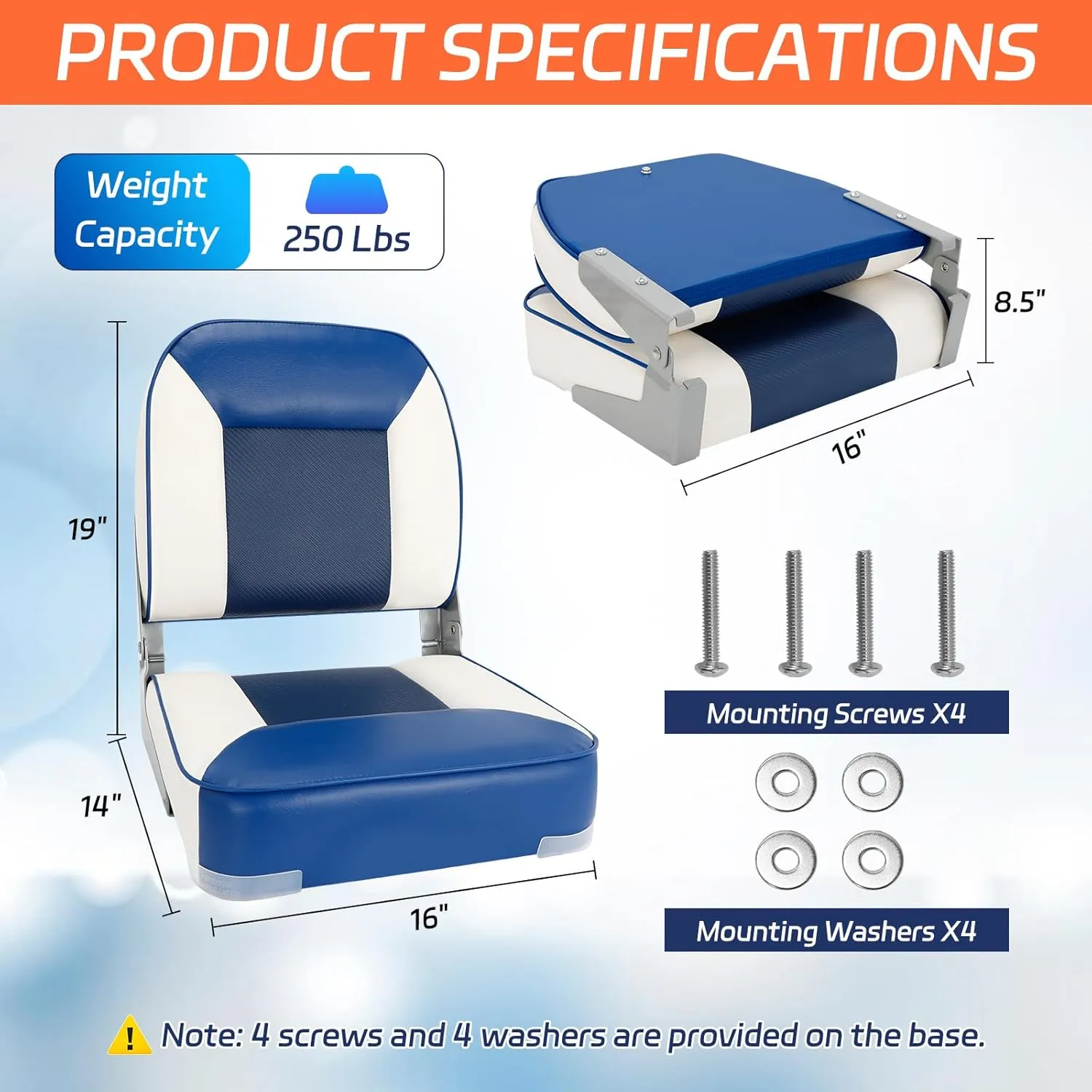 Boat Seats 2 Pack, Skureay Low/High Back Fishing Folding Boat Seat Waterproof Captain Boat Chair，Boatseat 2 Pack Suitable for Jon/Pontoon/Canoe/Bass Tracker Boat seats-UNIQUE Color Design (Blue/White)