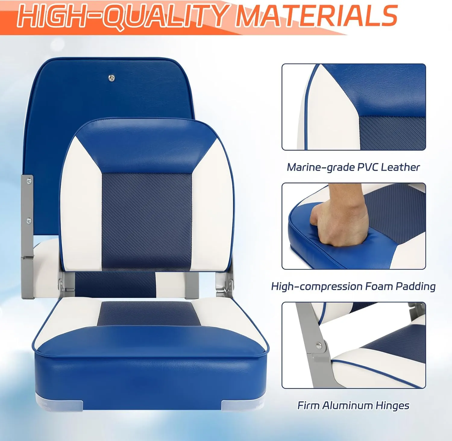 Boat Seats 2 Pack, Skureay Low/High Back Fishing Folding Boat Seat Waterproof Captain Boat Chair，Boatseat 2 Pack Suitable for Jon/Pontoon/Canoe/Bass Tracker Boat seats-UNIQUE Color Design (Blue/White)
