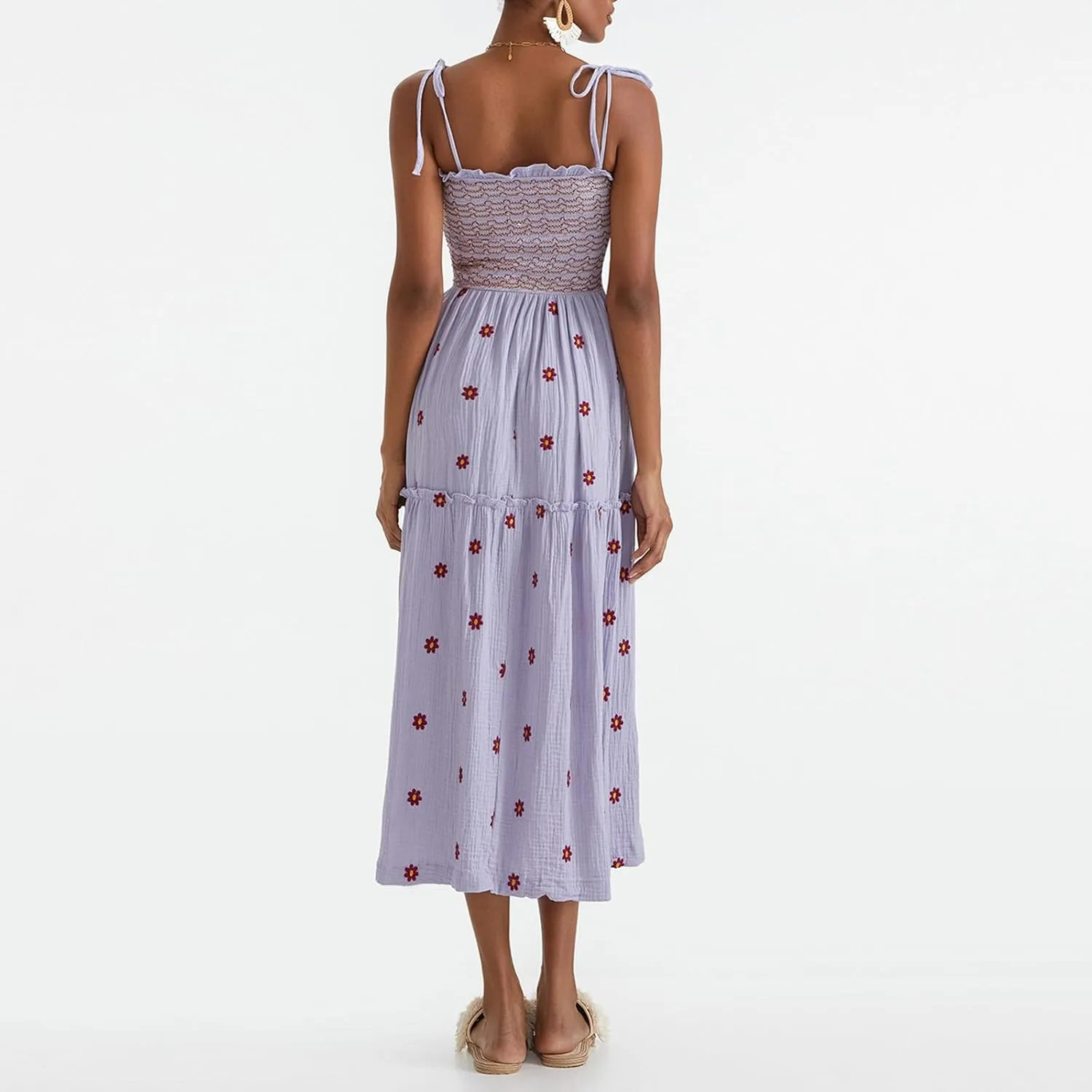 Boho Floral Embroidered Dress for Women Spaghetti Tie Strap Long Vacation Dress Casual Flowy Summer Maxi Sundresses