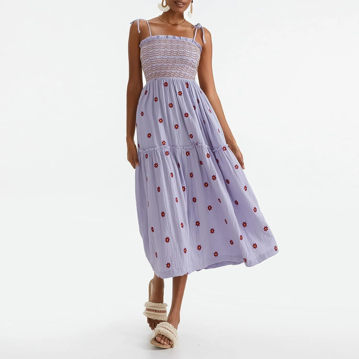 Boho Floral Embroidered Dress for Women Spaghetti Tie Strap Long Vacation Dress Casual Flowy Summer Maxi Sundresses