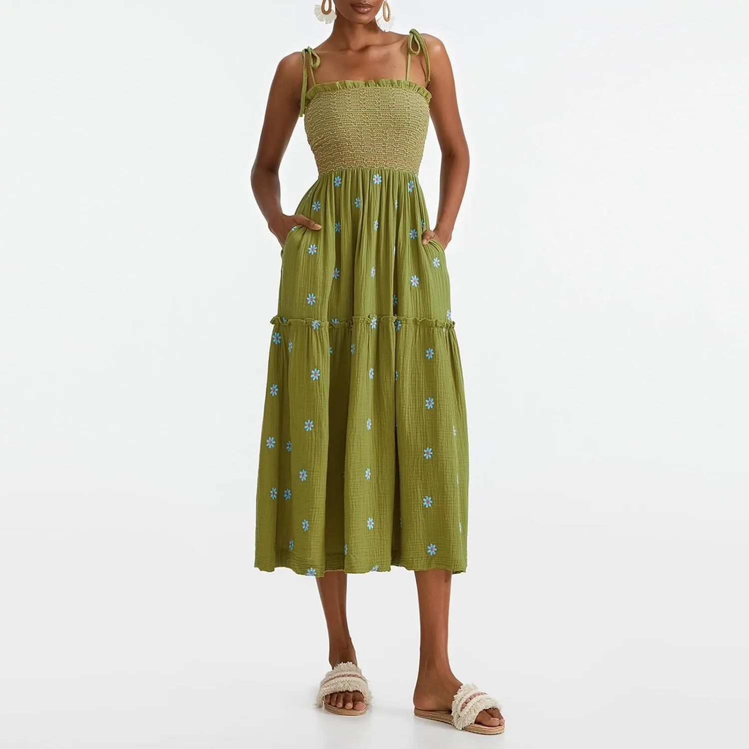 Boho Floral Embroidered Dress for Women Spaghetti Tie Strap Long Vacation Dress Casual Flowy Summer Maxi Sundresses