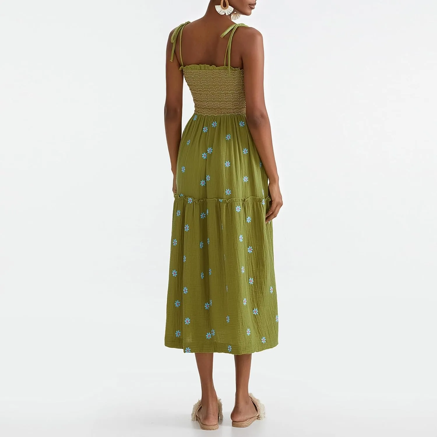 Boho Floral Embroidered Dress for Women Spaghetti Tie Strap Long Vacation Dress Casual Flowy Summer Maxi Sundresses