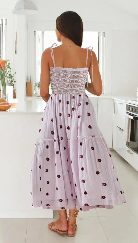 Boho Floral Embroidered Dress for Women Spaghetti Tie Strap Long Vacation Dress Casual Flowy Summer Maxi Sundresses