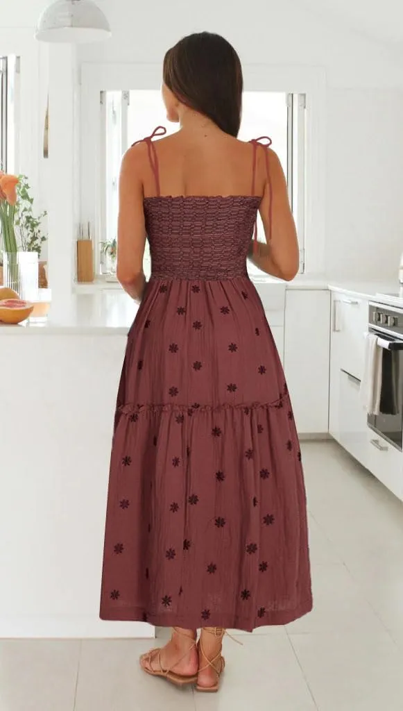 Boho Floral Embroidered Dress for Women Spaghetti Tie Strap Long Vacation Dress Casual Flowy Summer Maxi Sundresses